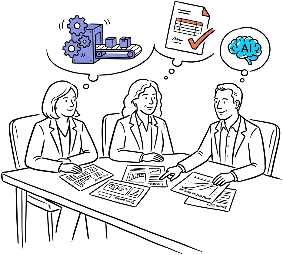 Illustration of a team of finance operators at a boardroom table with SaaS dashboards, automation, and AI concepts floating above