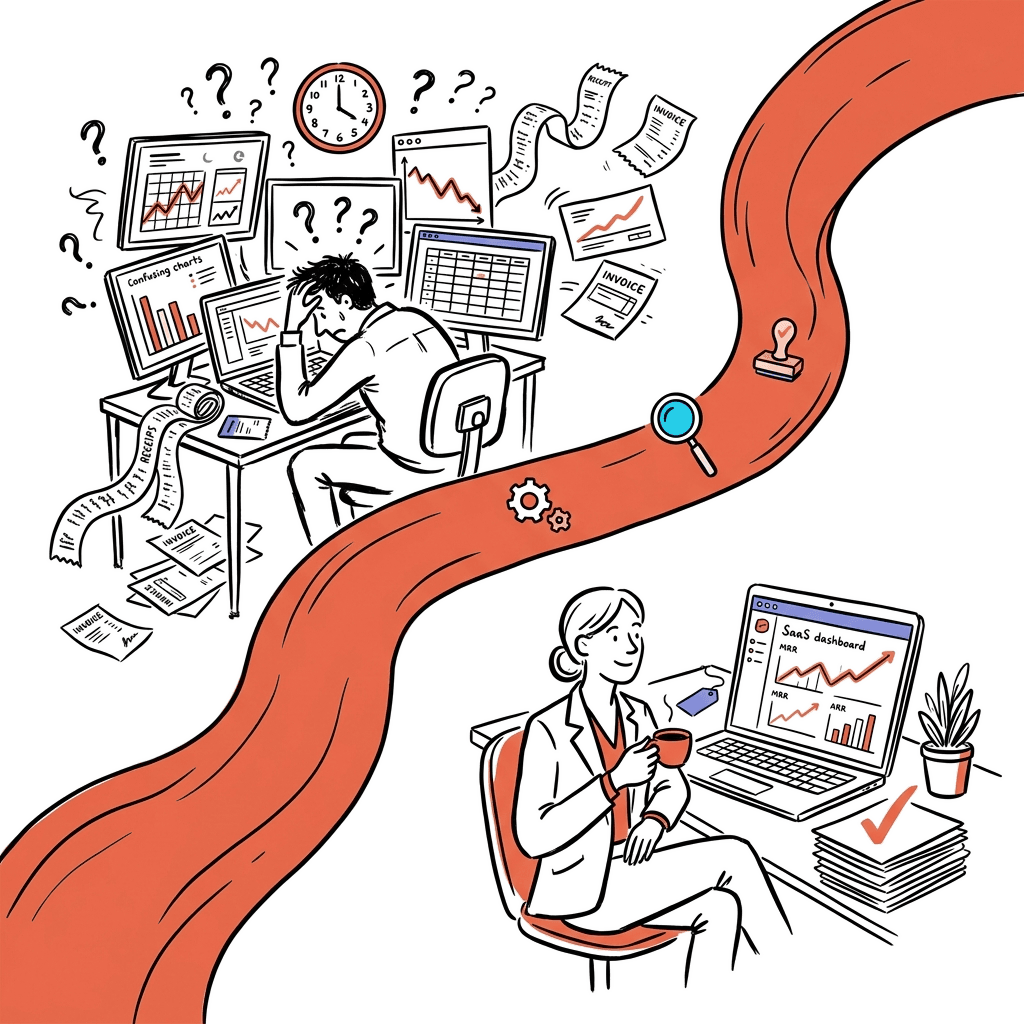 Illustration showing the transformation from chaotic SaaS finance to clear organized reporting through the Fifth Day system