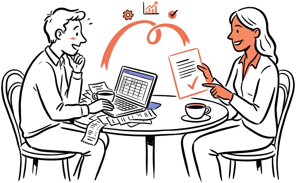 Two people having a collaborative conversation over coffee about finance operations